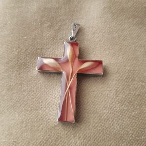 Sterling Cross Pendant with wheat in resin on pink